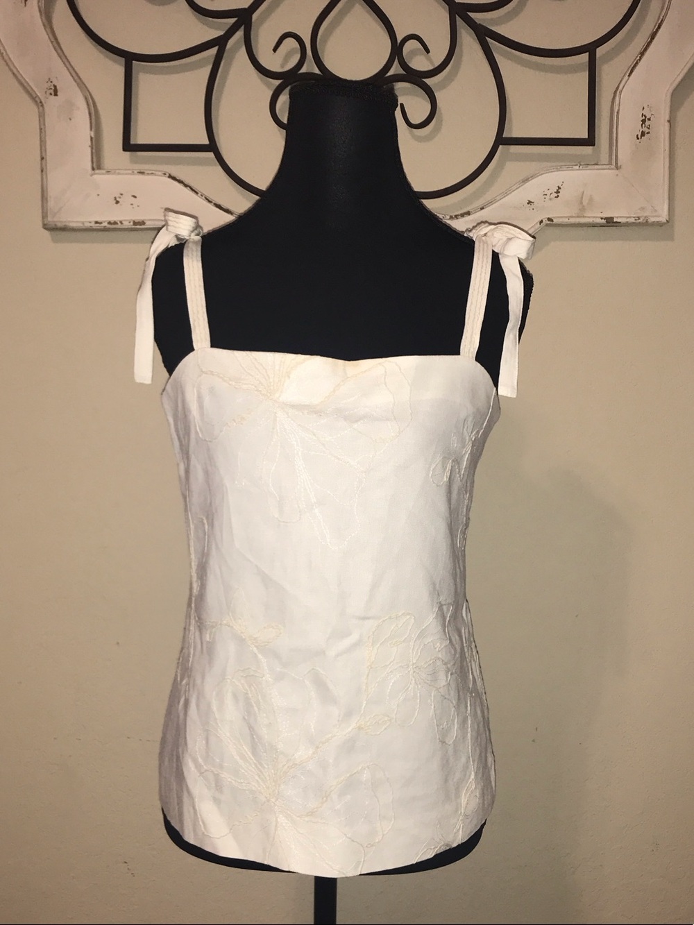 Zara White Embroidered Tie-Shoulder Tank Top